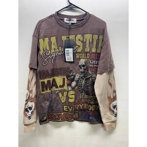 Majestik Long Sleeve T-Shirt Mens Medium Brown Maj Vs Everyone Rhinestone Skulls